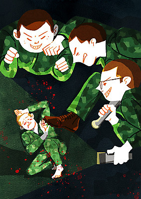 전신 PSD 남자 일러스트 군대 여러명 상반신 성인 폭력 범죄 학대 나쁜 비웃음 구타 군화 발길질 왕따 국내일러스트 다수 신발 표정 사람 사회이슈 폭행 파일형식