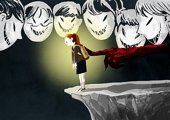 PSD 학생 손 여자 교복 일러스트 학교 청소년 여러명 절벽 범죄 악마 학대 눈물 괴로움 나쁜 비웃음 왕따 국내일러스트 옷 교육 감정 다수 표정 사람 신체부위 사회이슈 파일형식