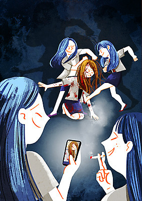 전신 PSD 학생 여자 교복 일러스트 학교 담배 그림자 여러명 상반신 촬영 고통 혈액 범죄 저장 구타 때리기 불량학생 학교폭력 국내일러스트 옷 교육 감정 다수 모션 사람 폭력 폭행 파일형식