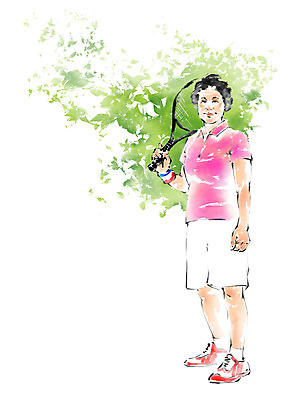 전신 PSD 여자 노년 일러스트 캘리그라피 붓터치 나뭇잎 한명 서기 웃음 들기 운동 테니스라켓 국내일러스트 1 잎 모션 표정 건강 사람 성인 테니스 라켓 파일형식