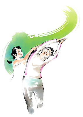 PSD 여자 노년 일러스트 캘리그라피 요가 붓터치 건강 상반신 성인 두명 운동 스트레칭 국내일러스트 웰빙 사람 파일형식