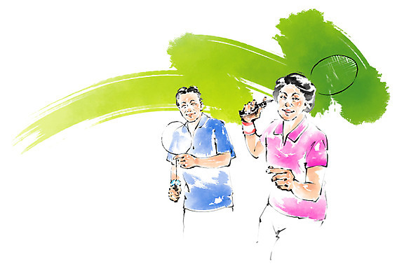 PSD 여자 노년 남자 일러스트 캘리그라피 붓터치 건강 웃음 상반신 운동 테니스 테니스라켓 국내일러스트 표정 사람 성인 구기 라켓 파일형식