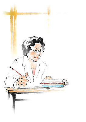 PSD 응시 여자 교육 노년 일러스트 캘리그라피 붓터치 한명 웃음 앉기 상반신 책 국내일러스트 1 시선 모션 표정 사람 성인 파일형식