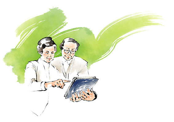 PSD 여자 노년 남자 일러스트 캘리그라피 붓터치 들기 상반신 두명 태블릿 터치 가리킴 국내일러스트 모션 사람 손짓 성인 전자제품 스마트기기 파일형식