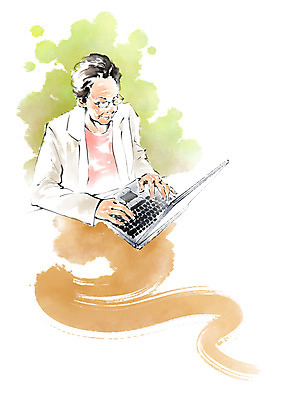 PSD 노년 남자 일러스트 캘리그라피 붓터치 한명 앉기 상반신 노트북 국내일러스트 1 모션 사람 성인 전자제품 파일형식