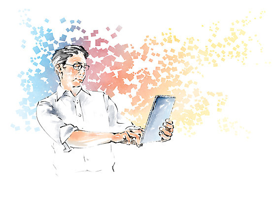 PSD 노년 남자 일러스트 캘리그라피 붓터치 한명 서기 들기 상반신 태블릿 터치 국내일러스트 1 모션 사람 성인 전자제품 스마트기기 파일형식