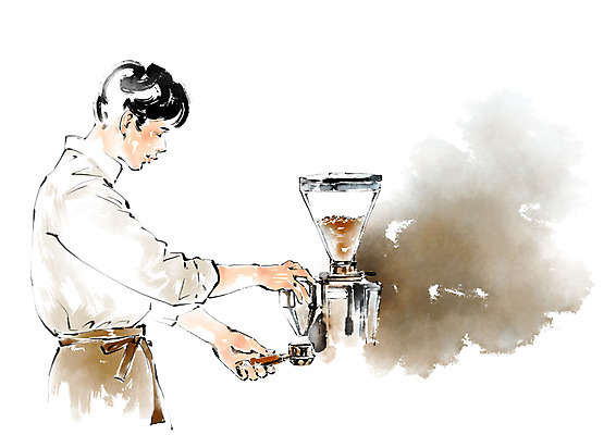 PSD 남자 커피 일러스트 캘리그라피 붓터치 한명 서기 웃음 상반신 성인 커피메이커 바리스타 국내일러스트 직업 1 음료 모션 표정 사람 커피용품 파일형식