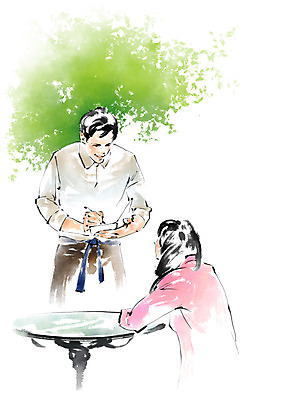 PSD 여자 남자 일러스트 캘리그라피 붓터치 서기 앉기 상반신 성인 두명 직원 주문 아르바이트 최저임금 비정규직 국내일러스트 비즈니스 모션 사람 경제 파일형식