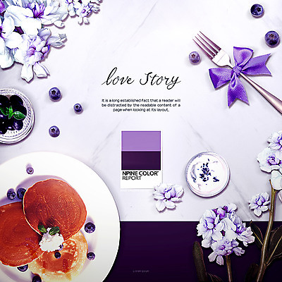 PSD 편집이미지 꽃 리본 포크 사람없음 보라색 크림 블루베리 팬케이크 울트라바이올렛 이미지편집 식물 식기 컬러 과일 케이크 파일형식 트랜드컬러