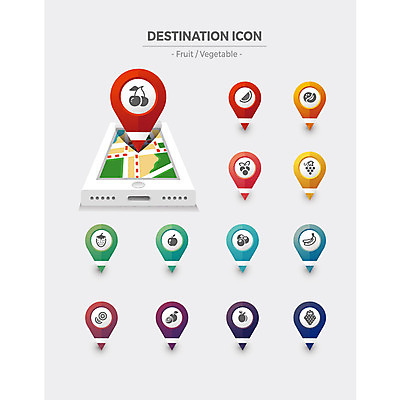 아이콘 지도 채소 과일 딸기 포도 바나나 사람없음 스마트폰 세트 행선지 체리 사과 파인애플 플랫아이콘 위치 네비게이션 2D아이콘 AI파일 핸드폰 스마트기기 열대과일 파일형식 벡터