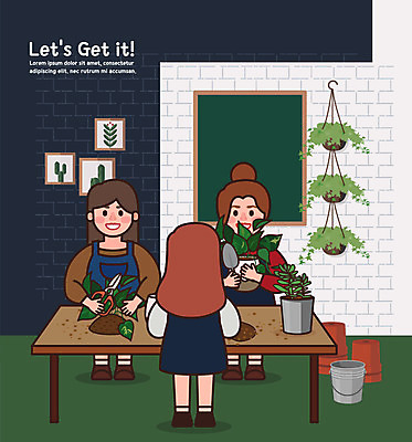 전신 여자 화분 액자 일러스트 탁자 전등 미소 사람 성인 두명 칠판 직장인 뜨개질 털실 문화생활 클래스 워라밸 국내일러스트 AI파일 직업 라이프스타일 가구 조명 표정 취미 실 신조어 파일형식 벡터