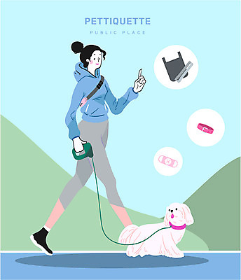 전신 한마리 공원 여자 일러스트 한명 성인 운동 산책 강아지 목줄 반려 배변봉투 입마개 펫티켓 국내일러스트 AI파일 1 공공시설 휴식 봉투 건강 사람 반려동물 예절 개 파일형식 벡터 반려용품