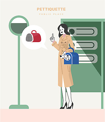 전신 한마리 여자 이동 일러스트 한명 웃음 성인 버스정류장 강아지 반려 케이지 펫티켓 국내일러스트 반려용품 AI파일 1 컨셉 표정 사람 반려동물 예절 개 역 오브젝트 파일형식 벡터