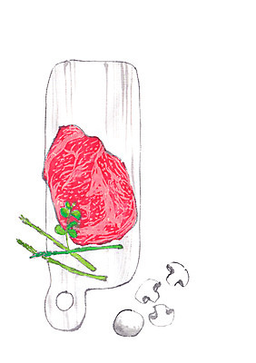 PSD 음식 일러스트 도마 사람없음 소고기 양송이 나무접시 어린잎 음식데코레이션 국내일러스트 접시 잎 주방용품 육류 버섯 파일형식