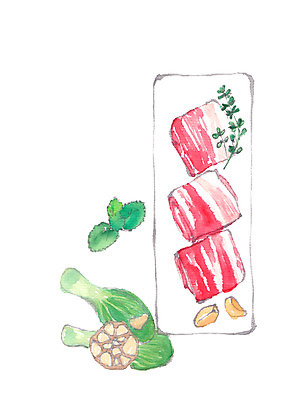 PSD 접시 음식 일러스트 식재료 마늘 사람없음 삼겹살 청경채 연근 어린잎 국내일러스트 식기 잎 채소 돼지고기 파일형식