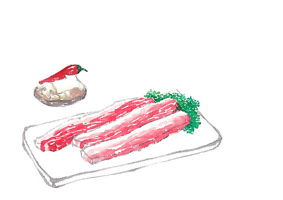 PSD 접시 음식 일러스트 고추 파슬리 마늘 육류 사람없음 삼겹살 양송이 나무접시 새송이버섯 국내일러스트 식기 채소 식재료 돼지고기 버섯 파일형식