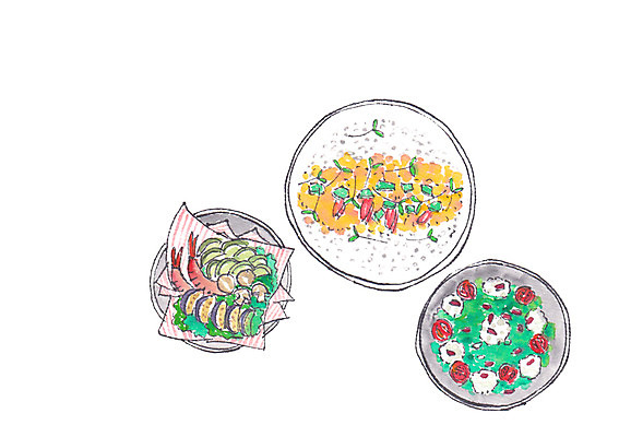 PSD 접시 음식 채소 일러스트 방울토마토 치즈 사람없음 버섯 샐러드 튀김 새우튀김 국내일러스트 식기 토마토 유제품 새우 파일형식