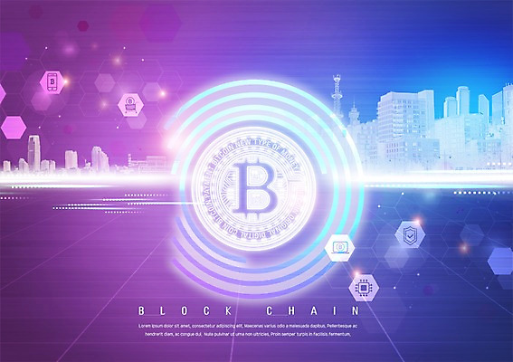 PSD 편집이미지 돈 빌딩 사람없음 금융 파란색 스마트폰 보라색 동전 원형 육각형 그라데이션 반도체칩 가상화폐 블록체인 이미지편집 도형 컬러 건물 경제 핸드폰 스마트기기 재산 메모리칩 파일형식 4차산업