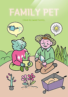 전신 한마리 남자 꽃 화분 일러스트 가족 함께함 의인화 한명 야외 반려동물 태양 흙 수레 물뿌리개 가족라이프 강아지 모종삽 밀짚모자 모종 식물심기 국내일러스트 AI파일 자연요소 식물 동물 모자_잡화 1 라이프스타일 컨셉 관계 사람 카트 개 삽 심기 파일형식 벡터