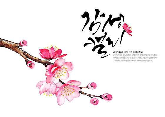 PSD 백그라운드 일러스트 캘리그라피 붓터치 수채화 글자캘리그라피 사람없음 봄 벚꽃 나뭇가지 꽃봉오리 번짐 감성 국내일러스트 나무 계절 꽃 컨셉 파일형식 효과