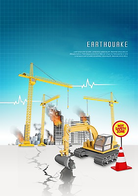 PSD 편집이미지 건축물 불 공사 경고 안전 빌딩 사람없음 균열 위험 땅 자연재해 포크레인 진동 기중기 경고문 깨짐 지진 칼라콘 이미지편집 자연요소 건축 컨셉 모션 건설업 건물 중장비 안전장비 재해 파일형식