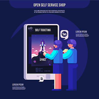 전신 여자 남자 일러스트 두명 파란색 우주 신용카드 팝콘 무인 무인기계 무인매표소 셀프 점포 키오스크 티켓팅 무인매장 국내일러스트 AI파일 컬러 사람 금융 상점 파일형식 벡터