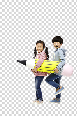 전신 편집이미지 여자 교육 남자 어린이 서기 들기 사람 두명 옆모습 연필 한국인 짝꿍 즐거움 PNG 어린이만 편집소스 감정 뷰포인트 모션 학용품 동양인 친구 필기구 파일형식