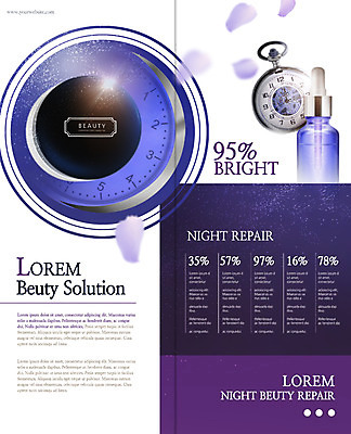 PSD 템플릿 표지디자인 북디자인 출판디자인 꽃잎 내지 리플렛 시계 2단접지 북커버 팜플렛 사람없음 뷰티 보라색 화장품 로션 회중시계 세럼 이미지템플릿 꽃 컬러 파일형식