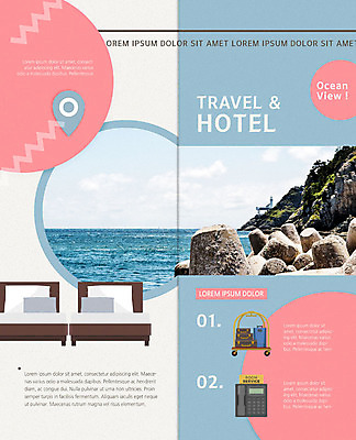 PSD 템플릿 표지디자인 북디자인 출판디자인 내지 리플렛 바다 여행 2단접지 북커버 호텔 팜플렛 사람없음 캐리어 침대 전화기 이미지템플릿 가구 숙소 여행가방 파일형식
