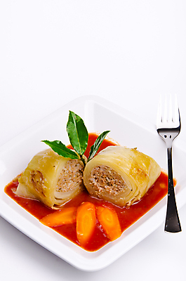 포토 JPG 해외이미지 접시 포크 단면 실내 사람없음 흰배경 롤 양배추말이 해외202004 해외포토 식기 음식 백그라운드 내부 흰색 파일형식 이미지허브