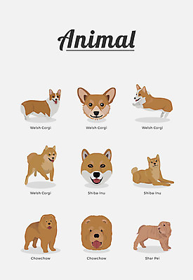 동물 여러마리 일러스트 포유류 종류 사람없음 개 강아지 차우차우 반려 샤페이 웰시코기 시바견 국내일러스트 AI파일 다수 반려동물 파일형식 벡터