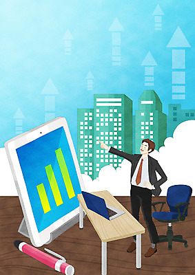 전신 PSD 남자 화살표 의자 일러스트 비즈니스 성공 그래프 한명 빌딩 성인 노트북 태블릿 가리킴 직장인 비즈니스맨 책상 국내일러스트 직업 1 가구 컨셉 사람 손짓 건물 전자제품 스마트기기 파일형식