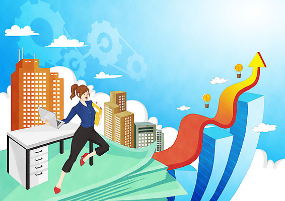 전신 PSD 여자 화살표 일러스트 비즈니스 성공 한명 빌딩 성인 노트북 달러 직장인 비즈니스우먼 정상 책상 서류더미 국내일러스트 직업 1 가구 컨셉 돈 사람 건물 전자제품 문서 파일형식 더미