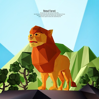 PSD 나무 편집이미지 한마리 사람없음 3D 숲 사자 암벽 디지털합성 폴리곤 편집3D 식물 1 포유류 파일형식