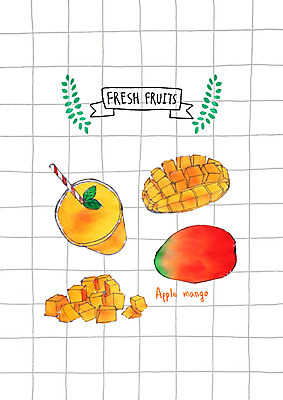 PSD 조각 과일 일러스트 나뭇잎 빨대 사람없음 신선 열대과일 망고주스 애플망고 국내일러스트 잎 과일주스 망고 파일형식