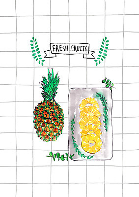 PSD 접시 조각 과일 일러스트 나뭇잎 사람없음 신선 파인애플 국내일러스트 식기 잎 열대과일 파일형식