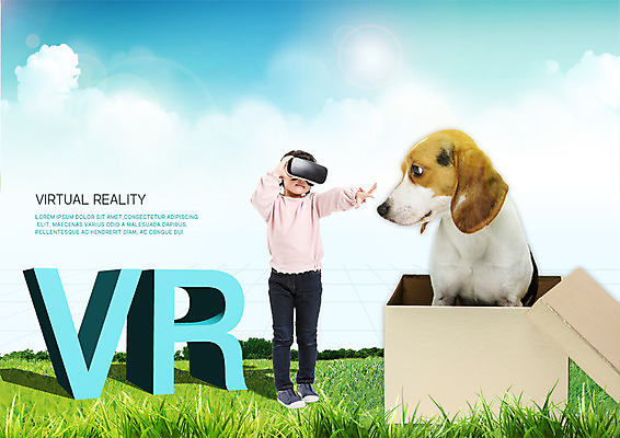 전신 PSD 편집 편집이미지 한마리 여자 어린이 한명 앞모습 상자 만지기 한국인 강아지 스마트 3D안경 반려 가상현실 소녀한명만 VR기기 이미지편집 1 안경 뷰포인트 컨셉 모션 사람 동양인 반려동물 기계 개 여자한명만 소녀만 파일형식