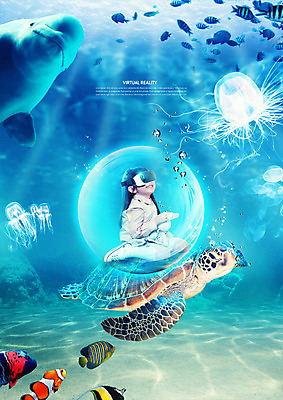 전신 PSD 편집 편집이미지 여자 어린이 어류 한명 앉기 앞모습 바닷속 수중 한국인 탐험 물방울 스마트 돌고래 해파리 3D안경 가상현실 소녀한명만 VR기기 이미지편집 1 안경 뷰포인트 컨셉 포유류 모션 사람 동양인 수중동물 기계 자포동물 여자한명만 소녀만 파일형식