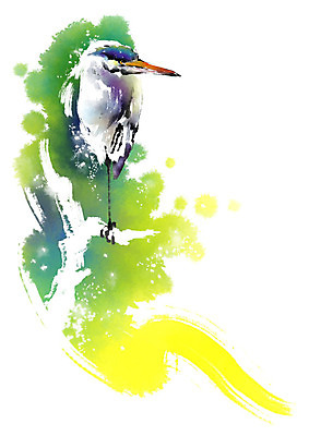 PSD 동물 한마리 캘리배경 일러스트 캘리그라피 붓터치 사람없음 노란색 나뭇가지 왜가리 번짐 한발서기 국내일러스트 나무 1 컬러 백그라운드 조류 서기 파일형식 효과