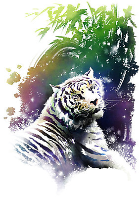 PSD 동물 한마리 캘리배경 일러스트 캘리그라피 붓터치 앉기 사람없음 호랑이 숲 대나무 번짐 백호 국내일러스트 나무 1 백그라운드 포유류 모션 파일형식 효과 사방신