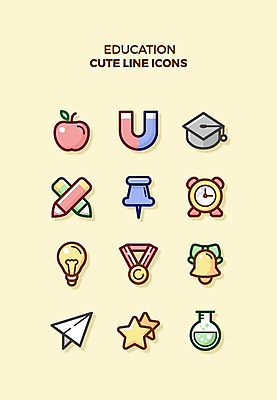 아이콘 교육 별 학사모 전구 색연필 큐티아이콘 사람없음 세트 자명종 종 압정 사과 메달 종이비행기 라인아이콘 비커 교육아이콘 U자형자석 2D아이콘 AI파일 자연요소 모자_잡화 시계 과일 졸업 학용품 실험기구 사무용품 알람 종이접기 자석 상_상패 파일형식 벡터