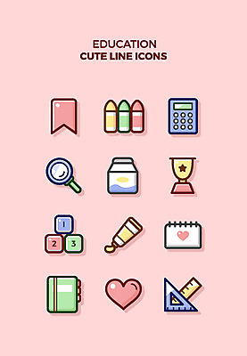 아이콘 교육 돋보기 큐티아이콘 사람없음 세트 다이어리 물감 계산기 하트 상패 라인아이콘 크레파스 스프링노트 삼각자 교육아이콘 숫자블록 2D아이콘 AI파일 모양 문구용품 학용품 자 사무용품 공책 블록 미술도구 장비 상_우승 파일형식 벡터