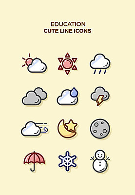 구름 아이콘 교육 별 우산 눈사람 바람 큐티아이콘 사람없음 세트 태양 달 물방울 눈송이 비 번개 라인아이콘 먹구름 교육아이콘 흐림 2D아이콘 AI파일 자연요소 날씨 눈_날씨 파일형식 벡터 구름_자연