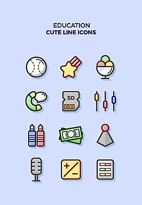 아이콘 교육 별 말풍선 아이스크림 큐티아이콘 사람없음 세트 볼륨 덧셈 뺄셈 라인아이콘 마이크 야구공 교육아이콘 SD카드 2D아이콘 AI파일 자연요소 음향기기 공 디저트 야구용품 수학 메모리 파일형식 벡터