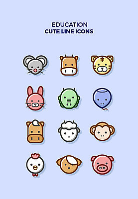 아이콘 교육 동물캐릭터 큐티아이콘 사람없음 세트 원숭이 토끼 닭 양 돼지 호랑이 소 강아지 쥐 라인아이콘 교육아이콘 2D아이콘 AI파일 동물 캐릭터 포유류 조류 반려동물 개 설치류 파일형식 벡터