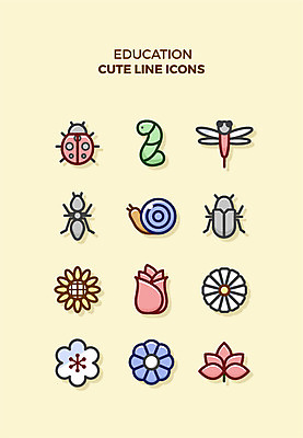 아이콘 교육 꽃 곤충 해바라기 큐티아이콘 사람없음 세트 다양 튤립 잠자리 풍뎅이 라인아이콘 코스모스 달팽이 무당벌레 개미 교육아이콘 지렁이 2D아이콘 AI파일 식물 동물 다수 연체동물 파일형식 벡터