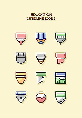 아이콘 교육 색연필 큐티아이콘 종류 사람없음 세트 필기구 연필 만년필 사인펜 라인아이콘 형광펜 교육아이콘 커터칼 2D아이콘 AI파일 문구용품 학용품 펜 사무용품 파일형식 벡터