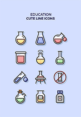 아이콘 교육 과학 큐티아이콘 실험기구 실험 사람없음 세트 라인아이콘 비커 교육아이콘 시약 메스실린더 알코올램프 독극물표시 삼발이 2D아이콘 AI파일 표시 약 파일형식 벡터