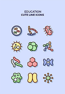 아이콘 교육 큐티아이콘 사람없음 세트 라인아이콘 시험관 핵 미생물 교육아이콘 박테리아 2D아이콘 AI파일 의학 생물 실험기구 파일형식 벡터