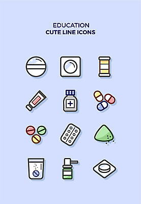 아이콘 교육 돋보기 큐티아이콘 사람없음 세트 알약 거울 약병 물컵 라인아이콘 퍼프 스프레이 교육아이콘 연고 2D아이콘 AI파일 컵 약 병_담는 파일형식 벡터